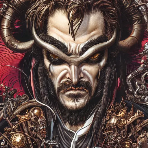 Image similar to portrait closeup of crazy captain hook, galleons, symmetrical, hyper detailed, by yoichi hatakenaka, masamune shirow, josan gonzales and dan mumford, ayami kojima, takato yamamoto, barclay shaw, karol bak, yukito kishiro