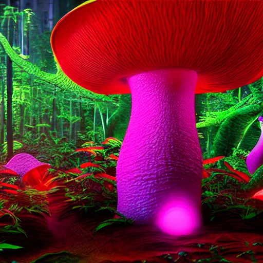 Prompt: liquid dragon in a bright glowing mushroom forest uhd ultra realistic ray traced 4 k highly detailed sharp lines