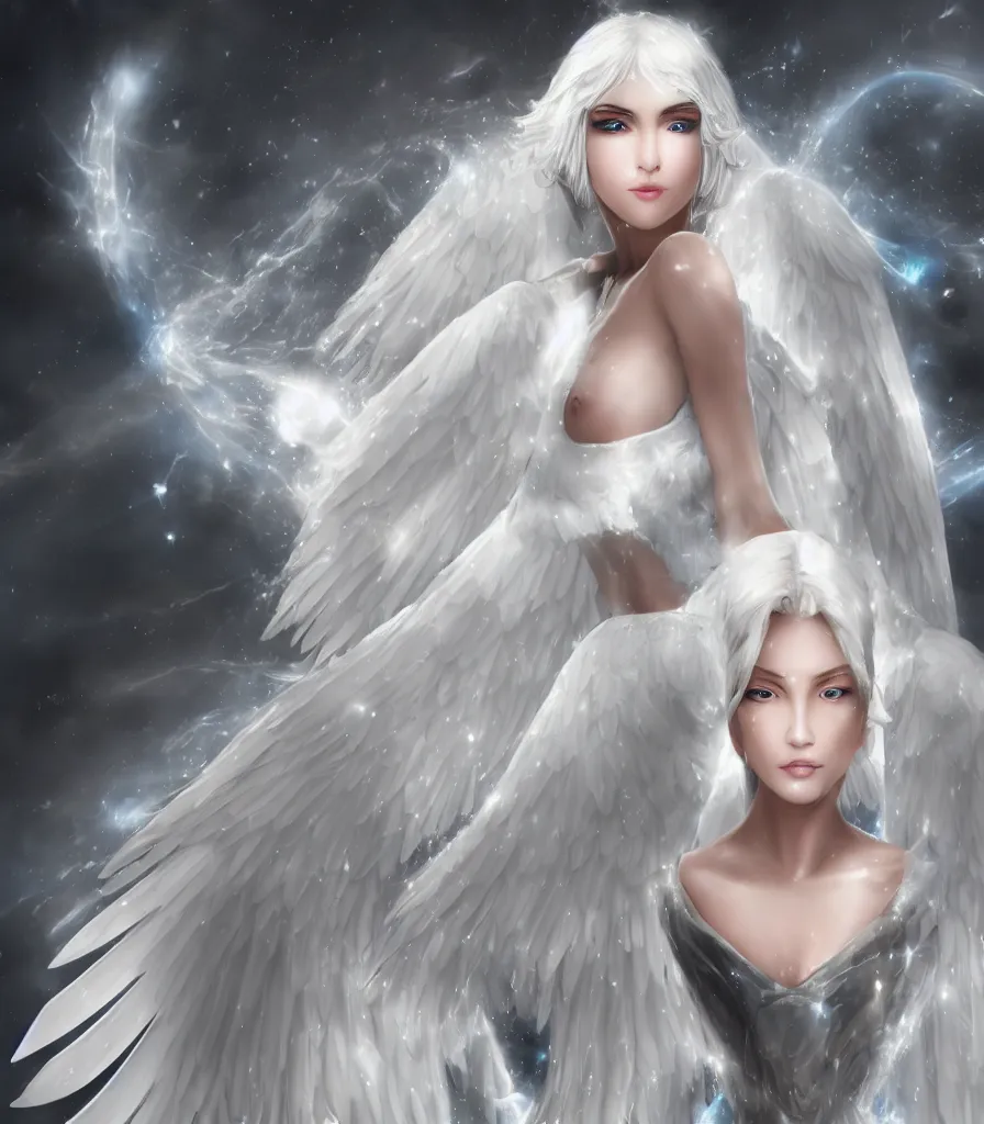 Image similar to perfect white - haired attractive egyptian goddess with large white dove wings, android body, beautiful, symmetric, dreamy, pretty face, blue eyes, detailed, scifi platform, laboratory, experiment, 4 k, ultra realistic, epic lighting, illuminated, cinematic, masterpiece, art by akihito tsukushi, voidstar