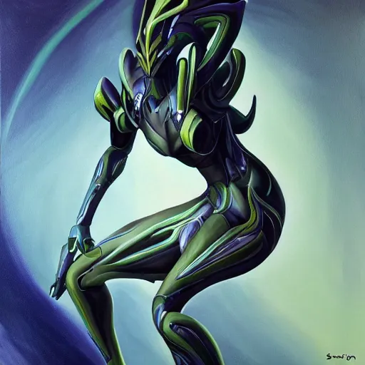 Prompt: Stunning painting of Saryn Prime warframe doing an elegant pose