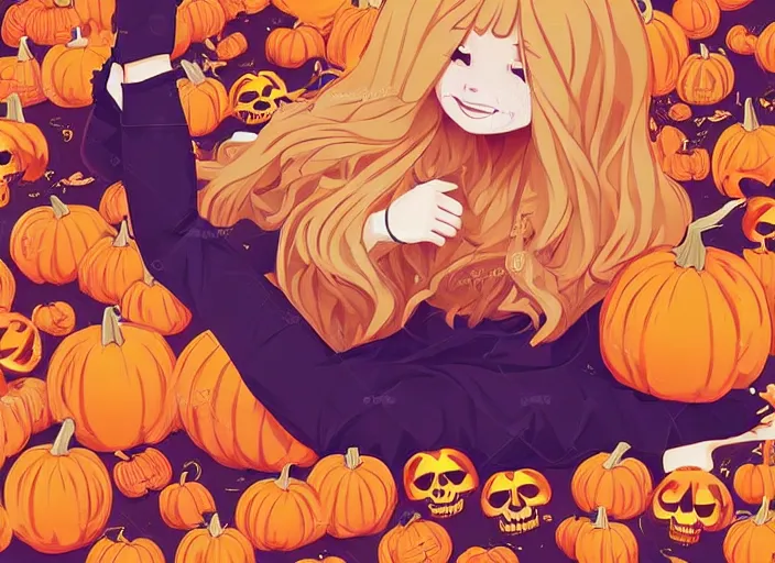 Image similar to little girl with long golden blonde hair sitting on a pile of halloween pumpkins and skulls. clean cel shaded vector art. behance hd by lois van baarle, artgerm, helen huang, by makoto shinkai and ilya kuvshinov, rossdraws, illustration, art by ilya kuvshinov