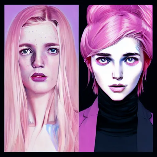 Image similar to half - voidcore symmetrical woman with cute - fine - face, pretty face, white and pink hair, realistic shaded perfect face, extremely fine details, by realistic shaded lighting, dynamic background, poster by ilya kuvshinov katsuhiro otomo, magali villeneuve, artgerm, jeremy lipkin and michael garmash and rob rey, pascal blanche, riot games