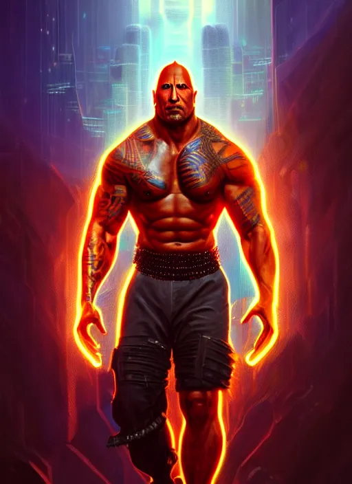 Prompt: portrait of dwayne johnson as cyberpunk shiva god of destruction, intricate, elegant, glowing lights, highly detailed, digital painting, artstation, glamor pose, concept art, smooth, sharp focus, illustration, art by artgerm and greg rutkowski, artey freytag