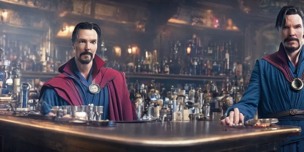 Prompt: film still of Doctor Strange working as a bartender in the new Avengers movie, 4k