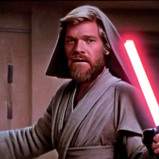 Image similar to a film still of a man with a elephant's head using a Obi Wan Kenobi clothes holding a lightsaber in A New Hope(1977)