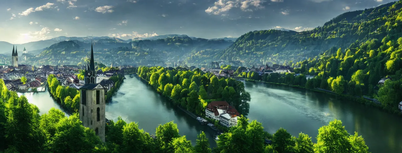 Image similar to Photo of Zurich, looking down the river at the lake and the alps, Hardturm, Grossmünster, wide angle, trees, volumetric light, hyperdetailed, green water, artstation, cgsociety, 8k