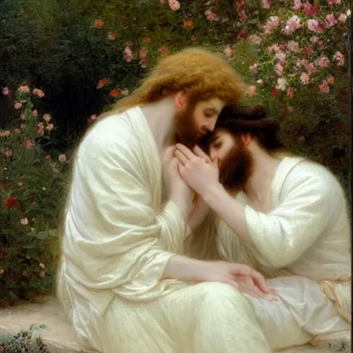 Prompt: Springtime, by Pierre-Auguste Cot, depicting two men in love dressed in white robes