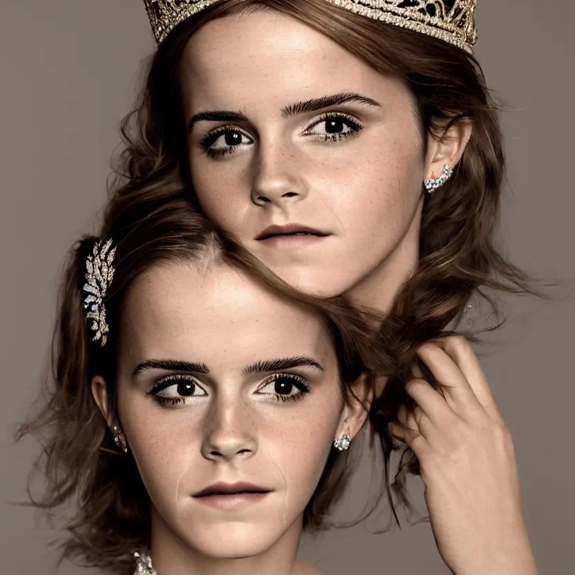 Image similar to emma watson as queen, big crown adorned with emerald, diamonds, topaz and other jewellaries, sensual, beautiful soft light failling on her face, studio photography, nikon 3 5 mm portrait photography, ultra realistic