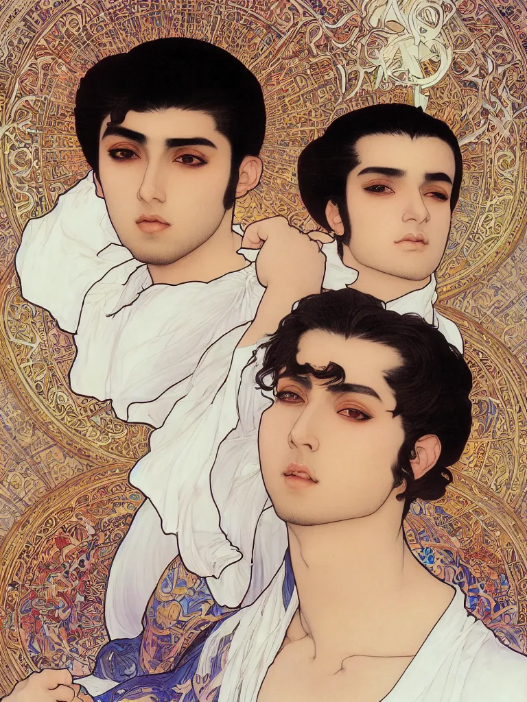 Image similar to beautiful medium shot portrait of a young arabic man inspired by ayami kojima with short hair dressed with a white t - shirt looking into the camera from three - quarters, white background white bank studio light, art by yoshitaka amano, alfons mucha and shingo tamagawa, 8 k