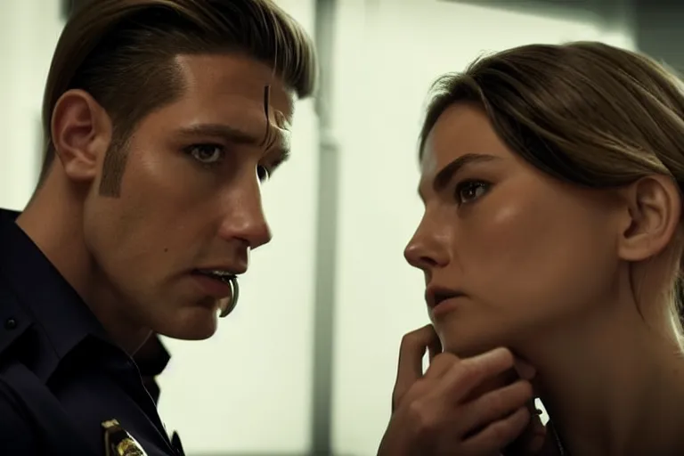 Image similar to vfx film closeup, police detective couple arguing in police precinct, over the shoulder shot, flat color profile low - key lighting award winning photography arri alexa cinematography, hyper real photorealistic cinematic beautiful natural skin, famous face, atmospheric cool colorgrade