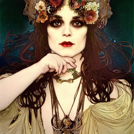 Prompt: realistic detailed face portrait of Vampire Bride Theda Bara by Alphonse Mucha, Ayami Kojima, Amano, Charlie Bowater, Karol Bak, Greg Hildebrandt, Jean Delville, and Mark Brooks, Art Nouveau, Neo-Gothic, gothic, rich deep colors