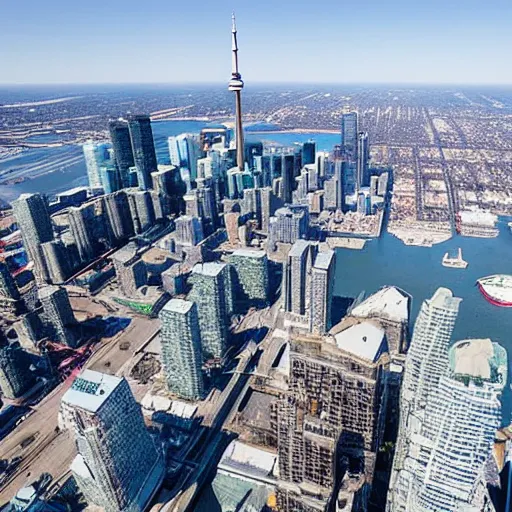 Prompt: Toronto city seen from aerial photo but everything is frozen solid and broken