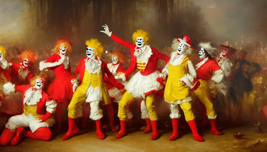Image similar to highly detailed painting of a group of ronald mcdonalds with red afros, white facepaint, red noses and yellow waltzing gracefully at a prestigious event by william turner, by greg rutkowski, by william constable, thick brush strokes and visible paint layers, 4 k resolution