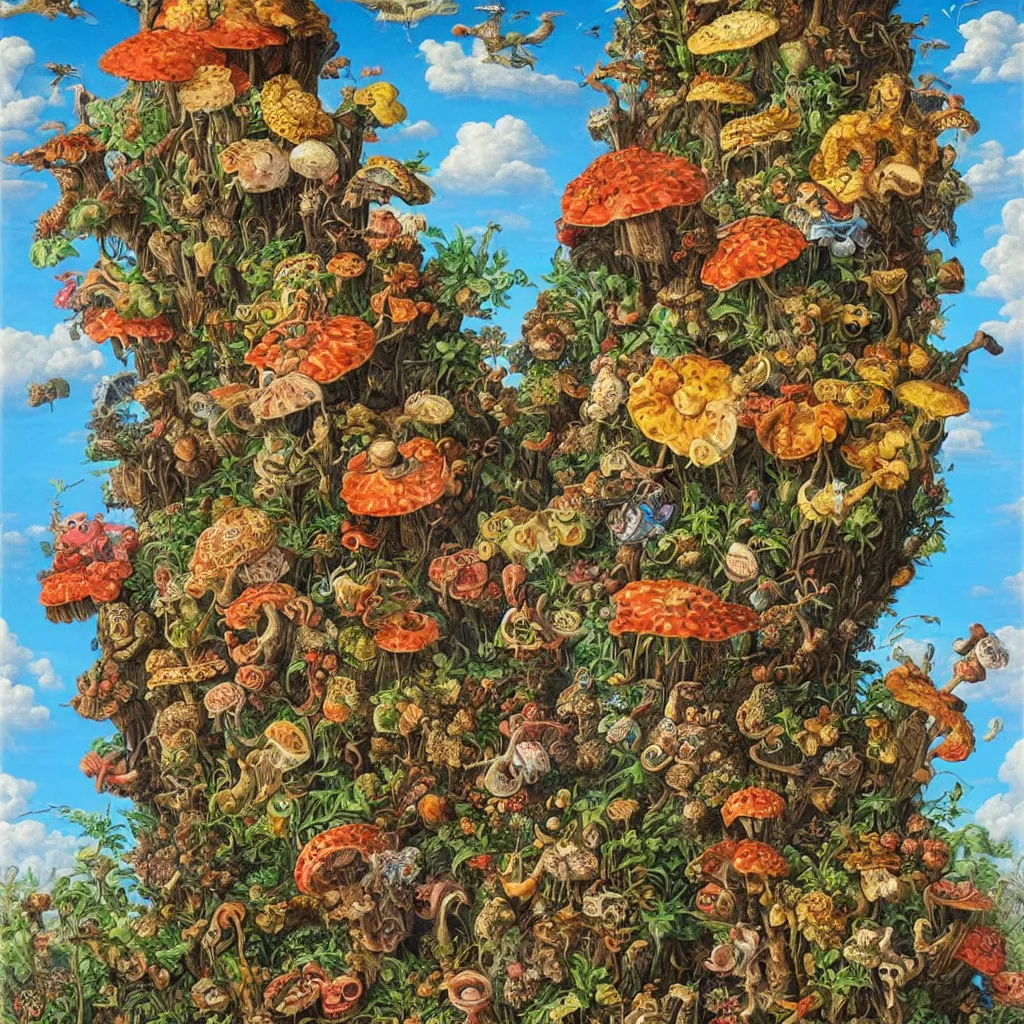 Prompt: a single! colorful!! fungus tower clear empty sky, a high contrast!! ultradetailed photorealistic painting by todd schorr and maria sibylla merian, hard lighting, masterpiece