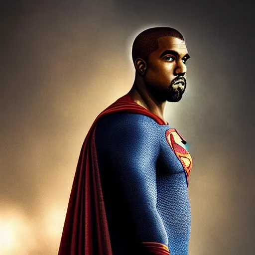 Image similar to Portrait of Kanye West as superman, heroic, amazing splashscreen artwork, splash art, head slightly tilted, natural light, elegant, intricate, fantasy, atmospheric lighting, cinematic, matte painting, detailed face, by Greg rutkowski