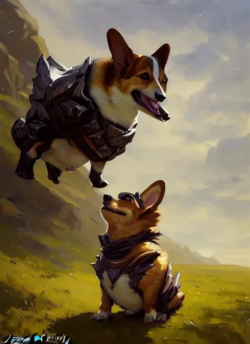 Image similar to Greg Manchess painting of a Corgi Charr from Guild Wars 2 wearing Forerunner Armor from Halo, countryside, calm, fantasy character portrait, dynamic pose, above view, sunny day, artwork by Jeremy Lipkin and Giuseppe Dangelico Pino and Michael Garmash and Rob Rey, very coherent asymmetrical artwork, sharp edges, perfect face, simple form, 100mm