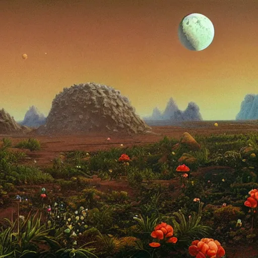 Image similar to a landscape on the moon with many craters, barren moon landscape, a broken moon lander, in a big crater at the center there is a beautiful flowering garden, 8 k, lowbrow in the style of martin johnson heade and daniel merriam and roger dean,