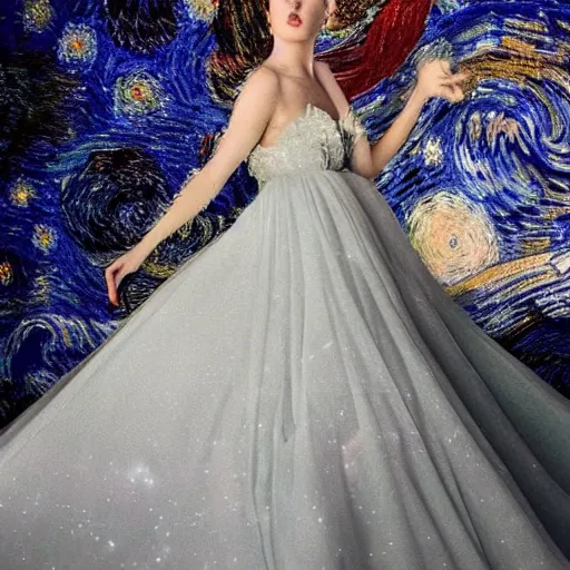 Prompt: Stunning photograph of a model wearing magnificent and ethereal ball gown inspired by Van Gogh's Starry Night. Studio lighting