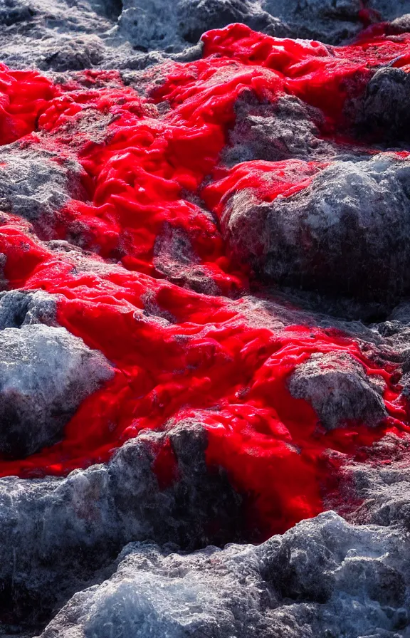 Prompt: red pieces of fabric molten onto ice rocks, floating sculpture, award winning photo, 4k