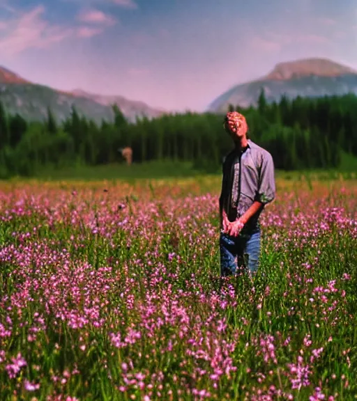 Image similar to tall shadow person standing in beautiful meadow of flowers, film photo, grainy, high detail, high resolution