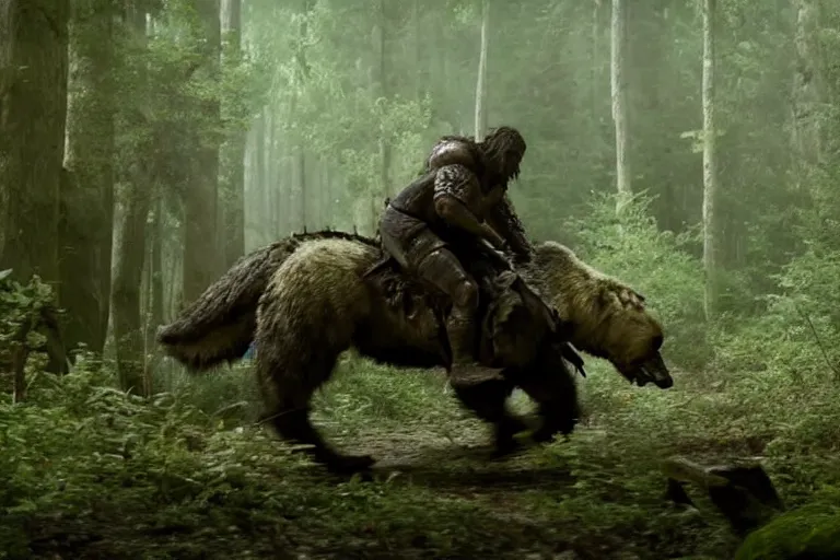 Prompt: vfx movie closeup detailed ancient armored warrior orc hunting riding large bear in the forest, natural lighting by emmanuel lubezki