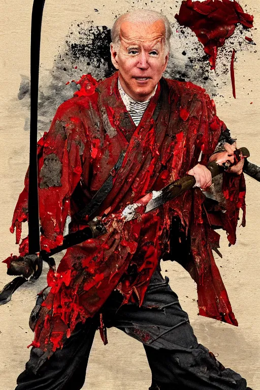 Image similar to Joe Biden with tattered samurai clothes dripping blood holding a katana, dynamic pose, full body portrait, photograph