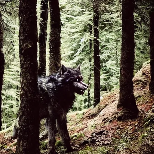 Image similar to werecreature consisting of a human and wolf, photograph captured in a forest