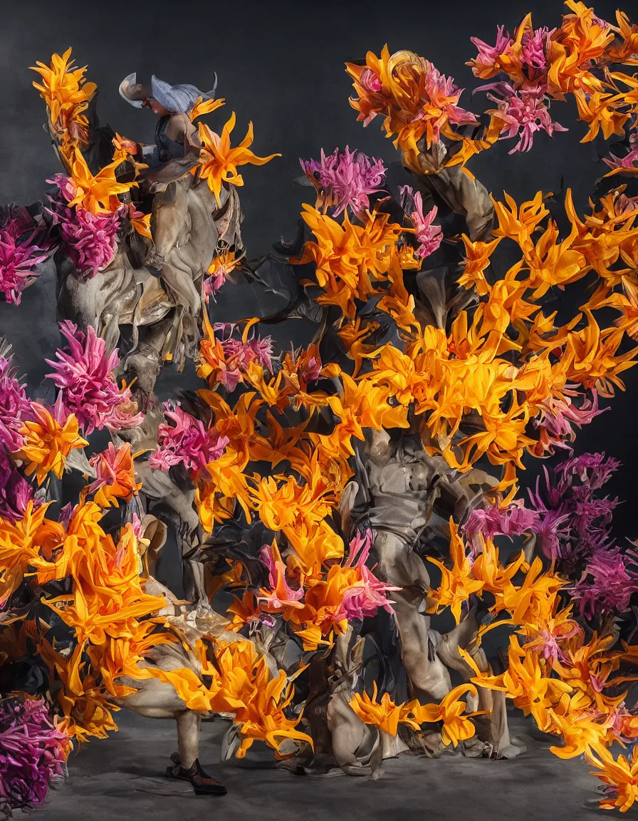 Prompt: a cowboy turning into blooms in real life. tropical sea slugs. bold complementary colors. volumetric lighting, beautiful, golden hour, sharp focus, ultra detailed. by leesha hannigan, ross tran, thierry doizon, kai carpenter, ignacio fernandez rios, noir art house, 4 k, 3 5 mm, fujifilm, sculpture by antonio canova