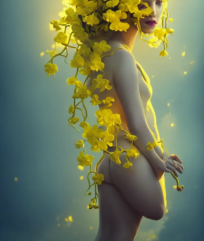 Image similar to a beautiful yellow woman, symmetrical portrait, realistic, full body, white orchids, vine twist, 8 k, rich details, nuclear sunset, mist, volumetric lighting, by wlop