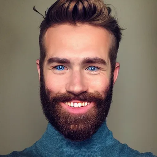 Image similar to caucasian face, medium long brown hair, bad skin, short beard, skinny, blue eyes, smiling, ultrarealistic