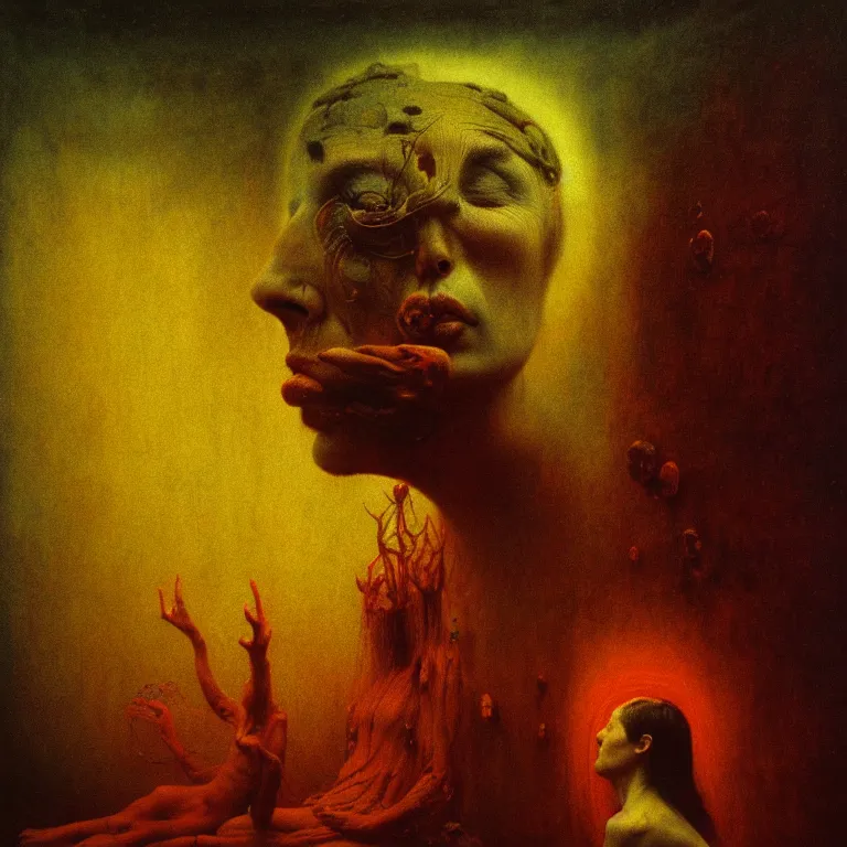 Image similar to portrait of shamanic ritual by beksinski, psychedelic trippy visionary art, soft bloom lucid dream - like atmosphere, baroque painting, perfect composition, detailed octane render trending on artstation, 8 k artistic photography, volumetric cinematic perfect light, chiaroscuro, masterpiece, raphael, caravaggio, beksinski, rutkowski, beeple