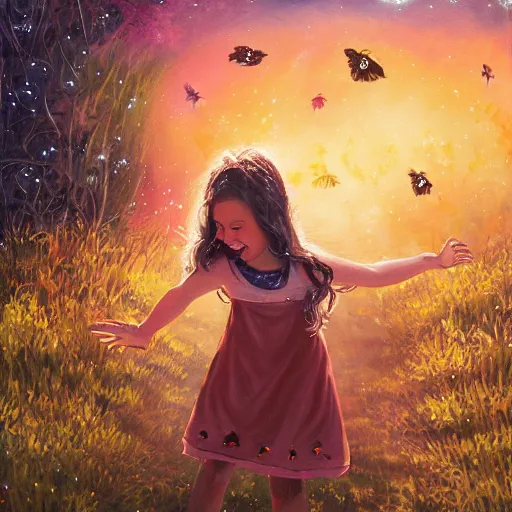 Image similar to A little girl with wavy brown hair with a happy expression wearing a summer dress dancing with fireflies, she is in the distance. beautiful fantasy oil painting, trending on artstation.