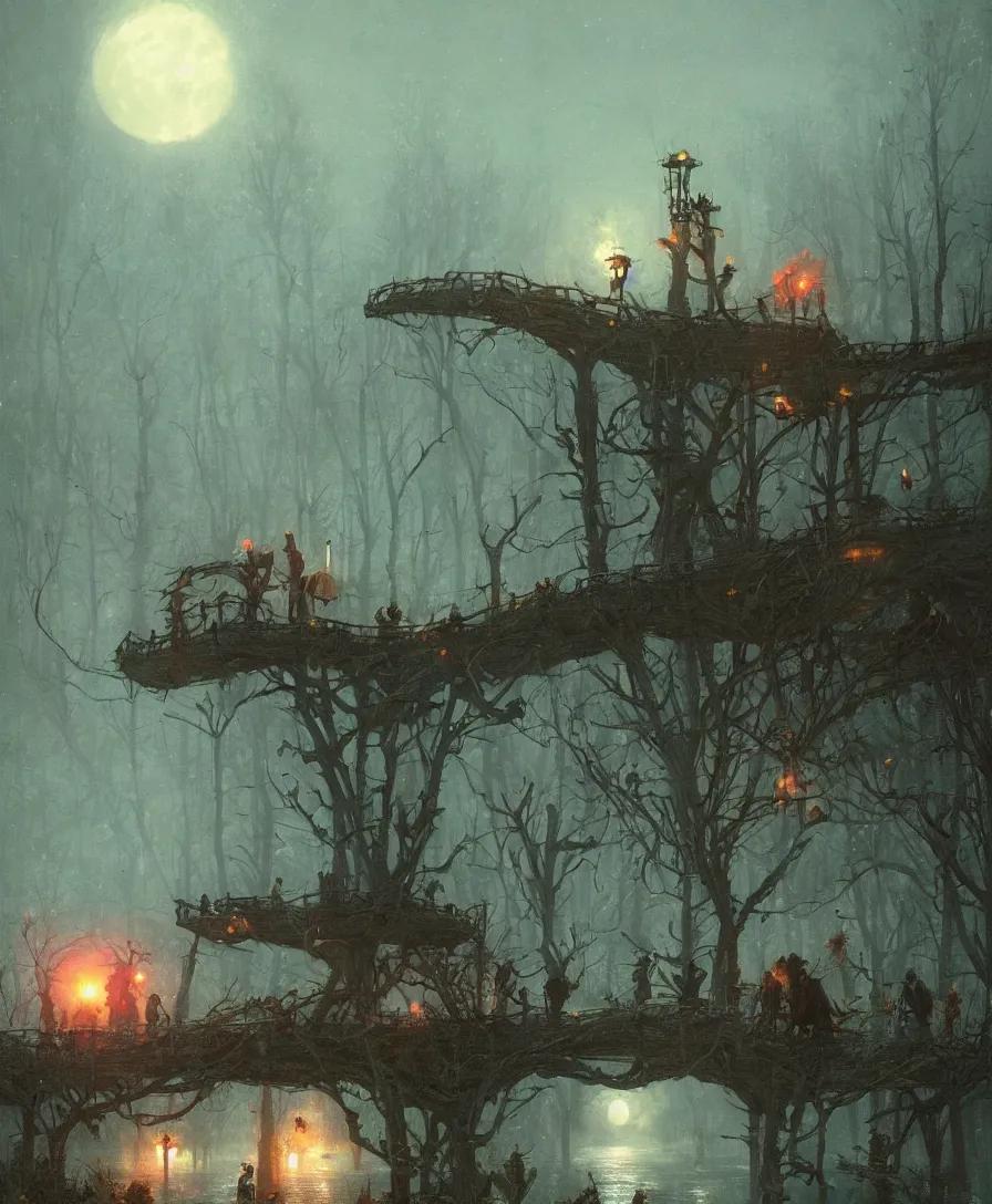 Prompt: roll dem bones, raining, moon, illustrated by Simon Stålenhag and Gaston Bussiere, beautiful volumetric lighting style atmosphere, intricate, ultra detailed, photorealistic, trending on artstation