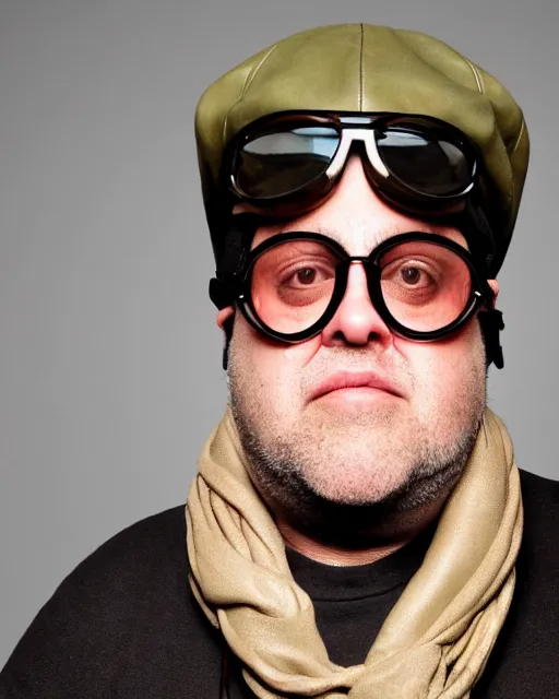 Image similar to headshot of josh mostel wearing a leather cap and aviator goggles, he is also wearing an a 2 flight jacket, a long white scarf is wrapped around his neck, he has a 5 o'clock shadow, a crazed angry look on his face