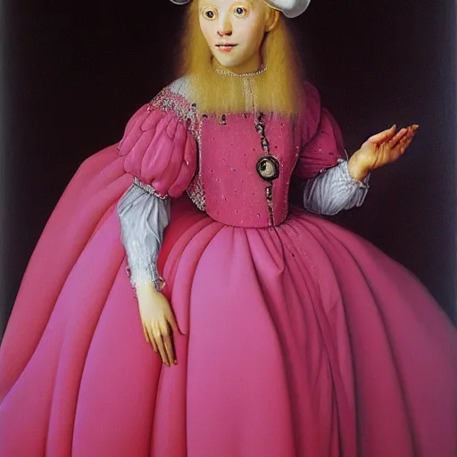 Prompt: beautiful blonde princess in pink dress, hyperrealism oil painting, jan van eyck