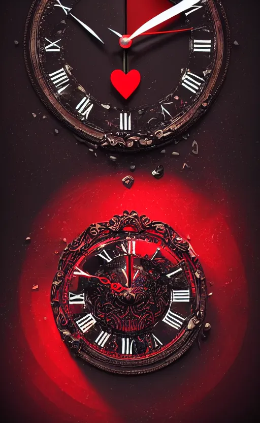 Prompt: a melting Roman numeral clock, behind a red and black gradient background, awith a black heart shaped on the top left corner and a black diamond card shape in the bottom right corner, dynamic lighting, photorealistic fantasy concept art, trending on art station, stunning visuals, cinematic, creative, ultra detailed