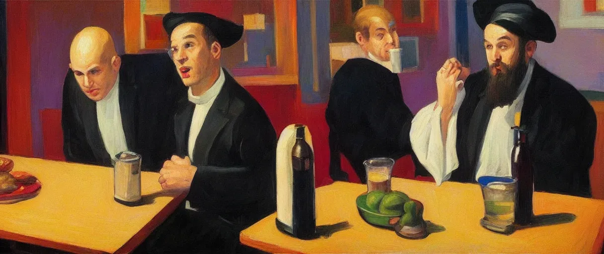 Prompt: a rabbi priest and minister walk into a bar, in the style of an awesome edward hopper painting