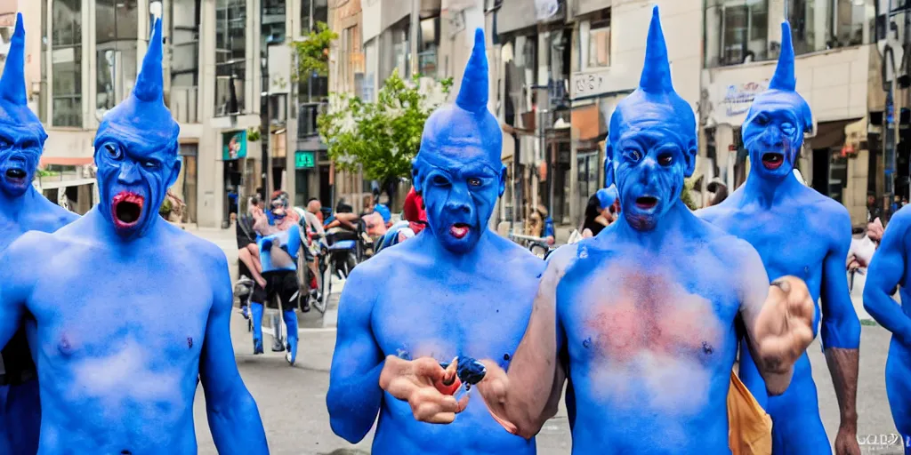 Image similar to cyclops coneheads blue men group street performers, detailed facial expressions