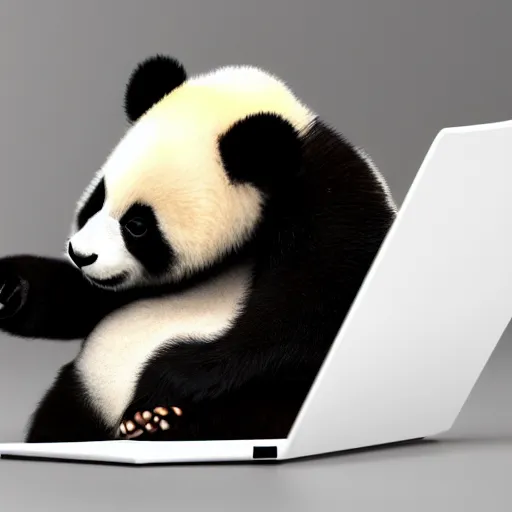 Prompt: A bored baby Panda yawning while working on his laptop, hyperrealistic, highly detailed, depth of field, High definition, 8k, octane render, artstation