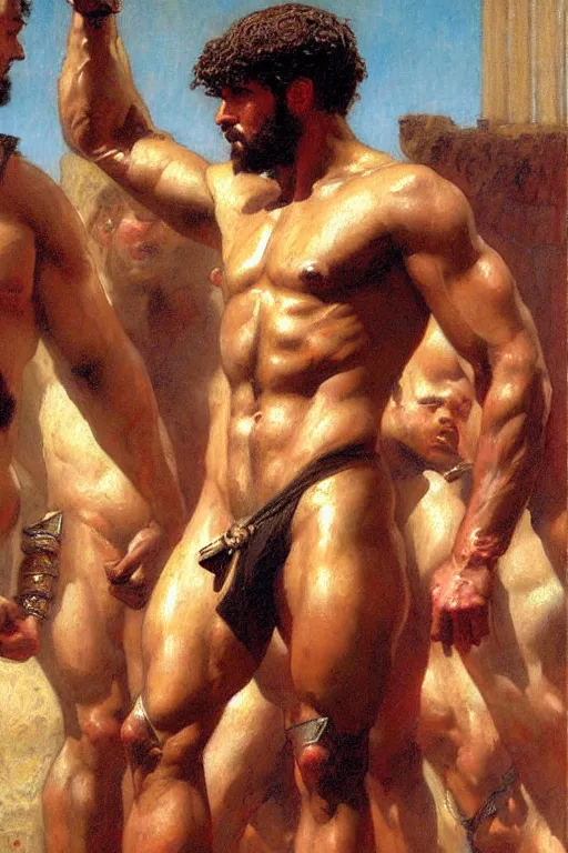 Image similar to muscular male gladiators, trojan baths painting by gaston bussiere, craig mullins, j. c. leyendecker, tom of finland