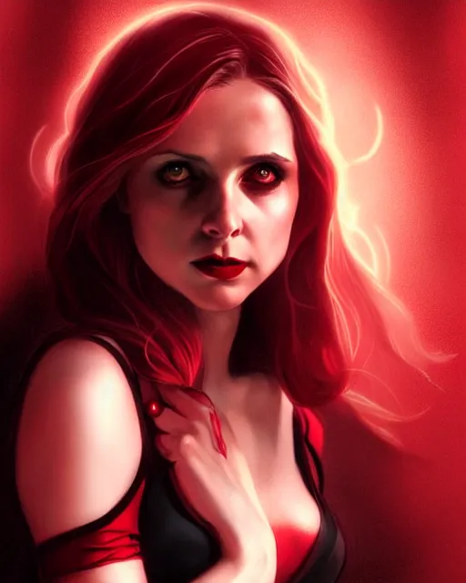 Image similar to Scarlet witch outfit Sarah Michelle Gellar, black magic, realistic character concept, full body, scary pose, comic book, illustration,;cinematic lighting, high resolution, Charlie Bowater, Norman Rockwell, symmetrical eyes, single face, insanely detailed and intricate, beautiful