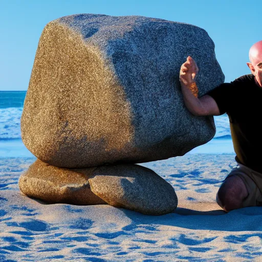 Image similar to Walter White hugging The Rock on the beach, artistic, 8k, cinematic