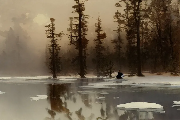 Prompt: watercolor painting of crystal clear ice lake, reflective, crisp winter, fog and snowfall, ambient lighting, art by anders zorn and winslow homer, wonderful masterpiece by greg rutkowski, cinematic light, american romanticism by greg manchess, creation by tyler edlin