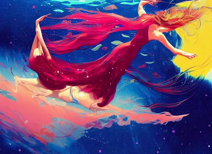 Image similar to a dancer floating underwater, with flowing hair, wearing a flowing sundress, swimming through a colorful starry galaxy, fantasy, cinematic, fine details by realistic shaded lighting poster by ilya kuvshinov katsuhiro otomo, magali villeneuve, artgerm, jeremy lipkin and michael garmash and rob rey