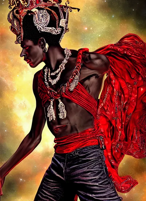 Prompt: the african male god of streets and paths who transits between the earth and the sky and wears red and black with the galaxy! in the background | deep focus, high angle, highly detailed, digital art, digital painting, concept art by rolf armstrong