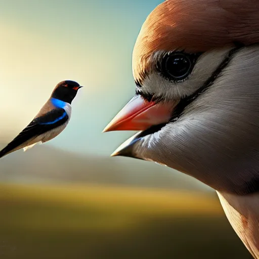 Image similar to closeup of a spanish swallow bird in avila, golondrina, green fields, dawn, summer season, 4 k, midday light, concept art, by wlop, ilya kuvshinov, artgerm, krenz cushart, greg rutkowski, pixiv. cinematic dramatic atmosphere, sharp focus, volumetric lighting, cinematic lighting, studio quality