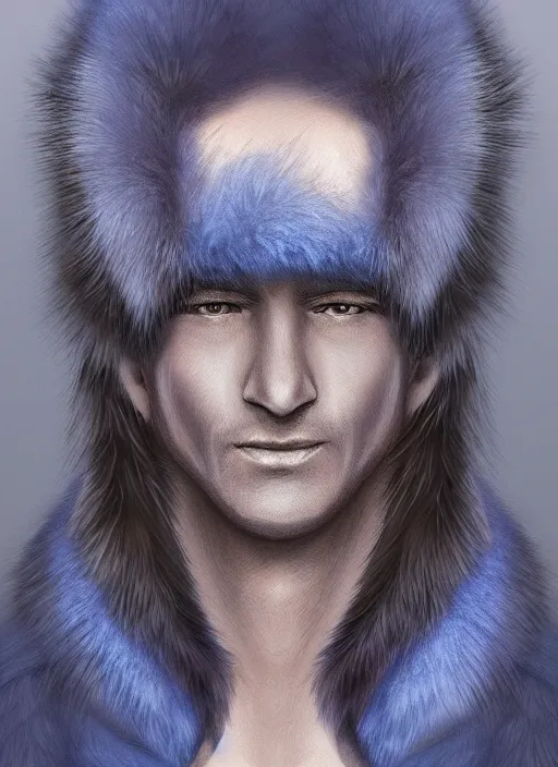 Image similar to portrait of a blue-skinned man wearing a fur coat, illustration, fantasy, Dungeon and Dragon, trending on ArtStation