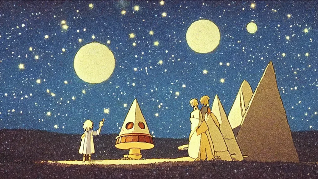 Image similar to a movie still from a studio ghibli film showing one large white pyramid and a golden ufo on a misty and starry night. by studio ghibli