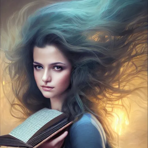 Image similar to a girl with magic book coming out from her arms, under the skin, ultradetailed, hair flowing down, 8 k, hyperrealistic, hyperdetailed, fantasy portrait by laura sava