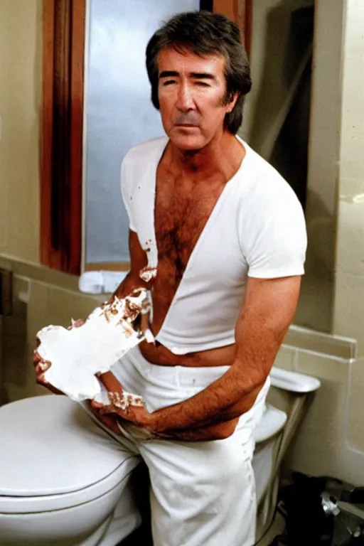 Image similar to randy mantooth in white underpants, holding melted chocolate, sitting in a dirty toilet